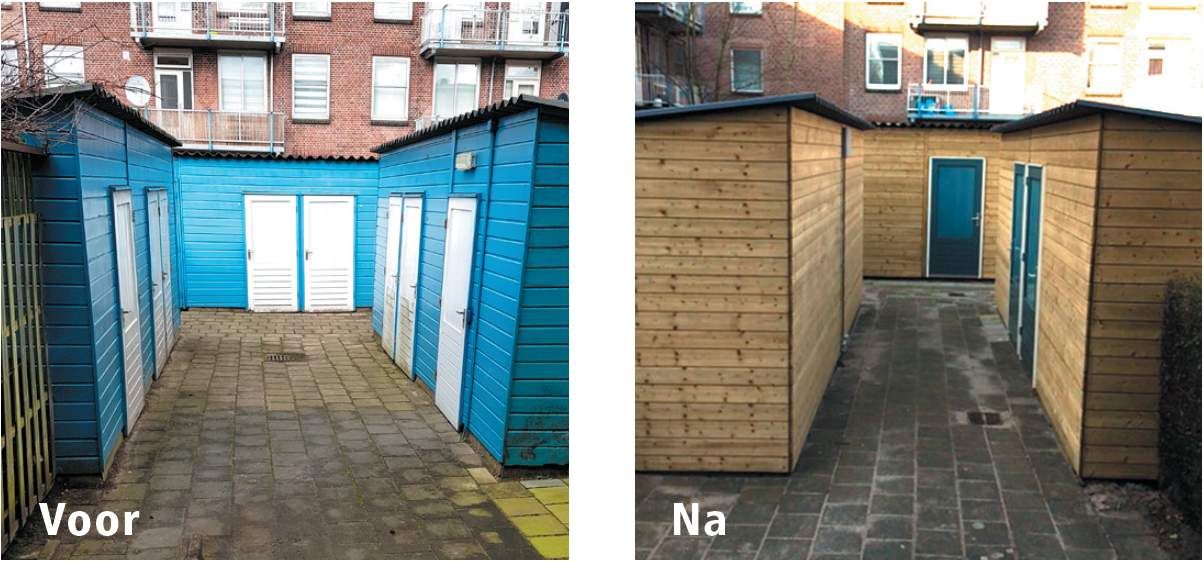 Links de beginsituatie van de houten bergingen met een blauwe kleur en rechts de nieuwe bergingen van hout