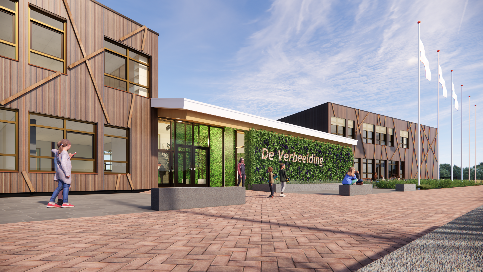 Houten gebouw met een groene wand met daarin tekst en vlaggen ervoor en bankjes en bestrating