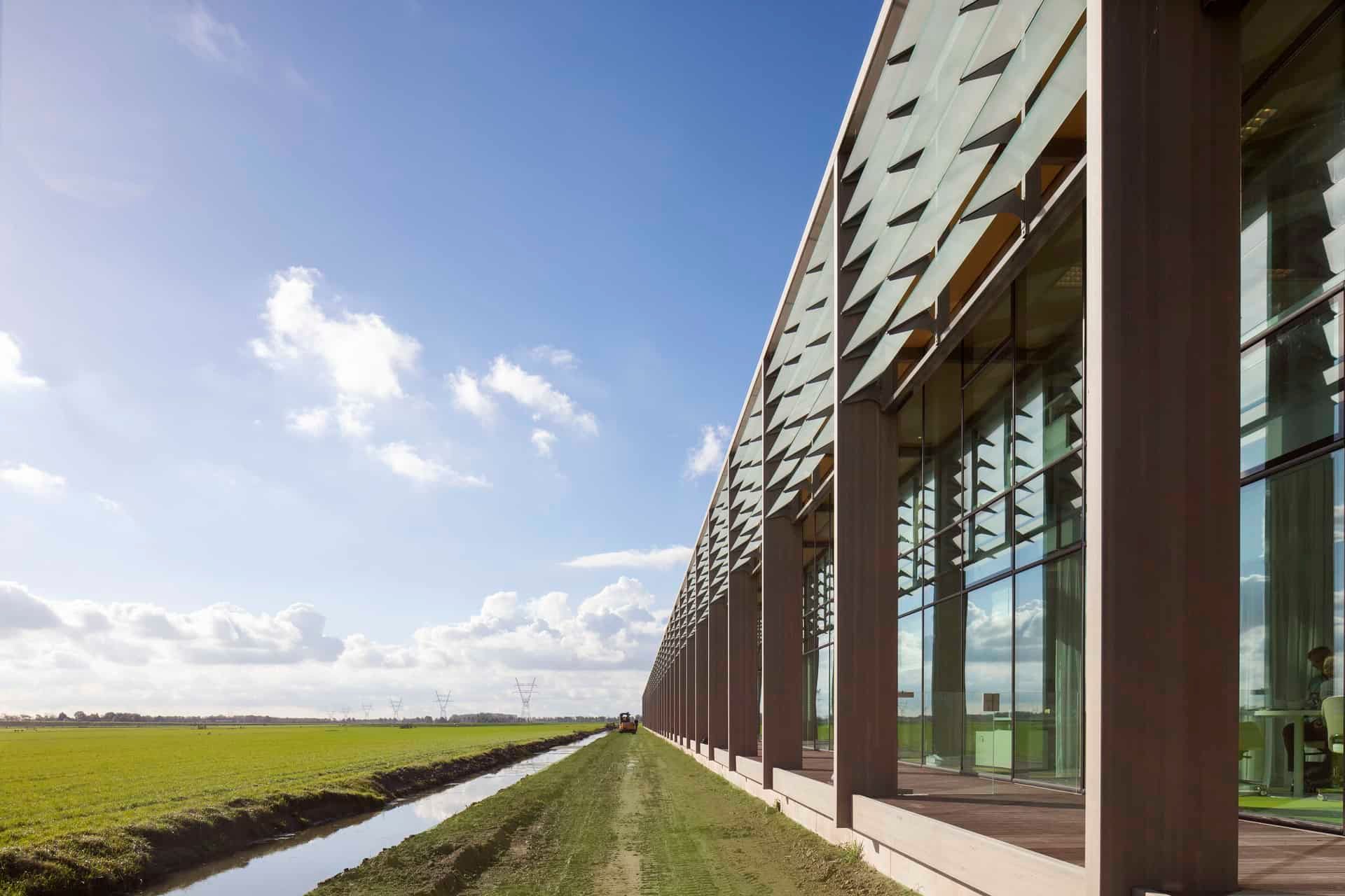 De houten zijkant met glas, grasveld en een slootje