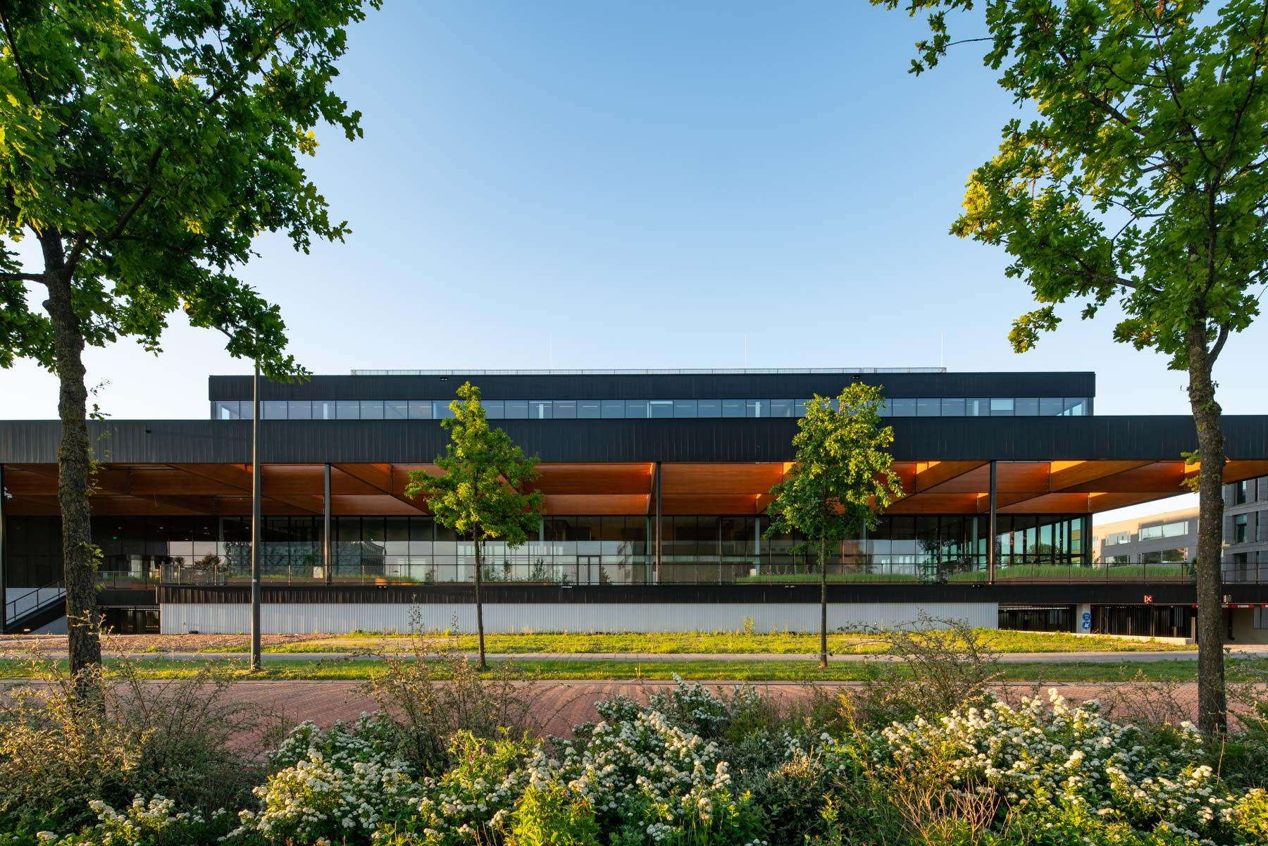 Zwart met glazen gebouw van veraf met bomen en struiken ervoor