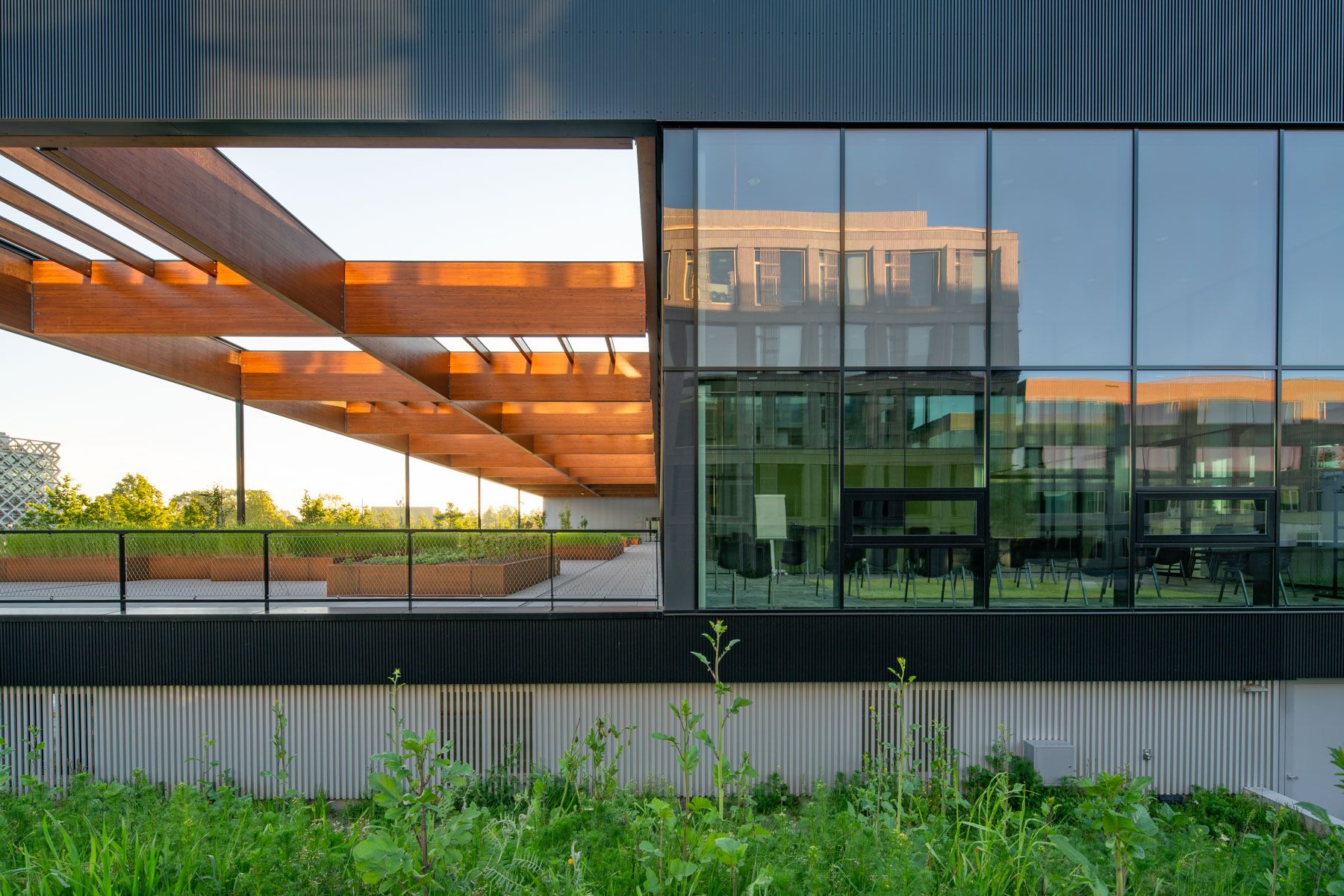 Zijkant van glazen gebouw met houten balken als overkapping met groen ervoor