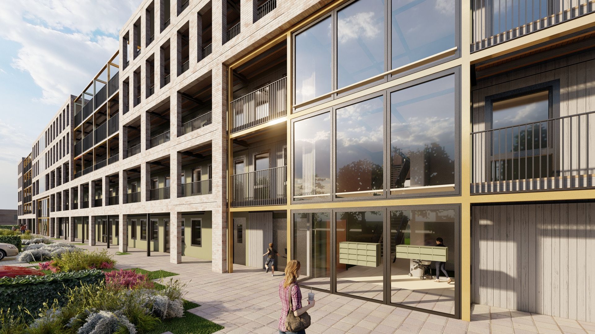Houten grijs gebouw met grote ramen en balkons vanaf de ingang