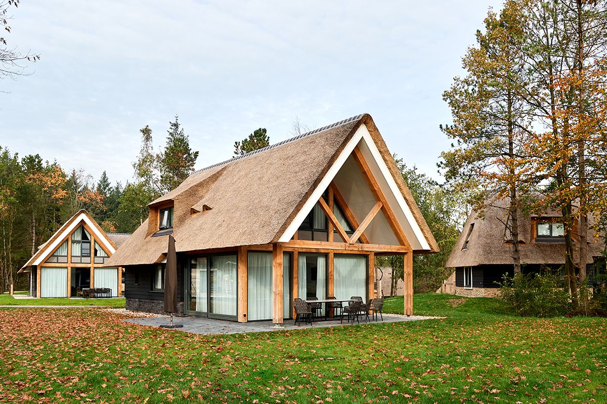 Vakantievilla met rieten dak naast een boom