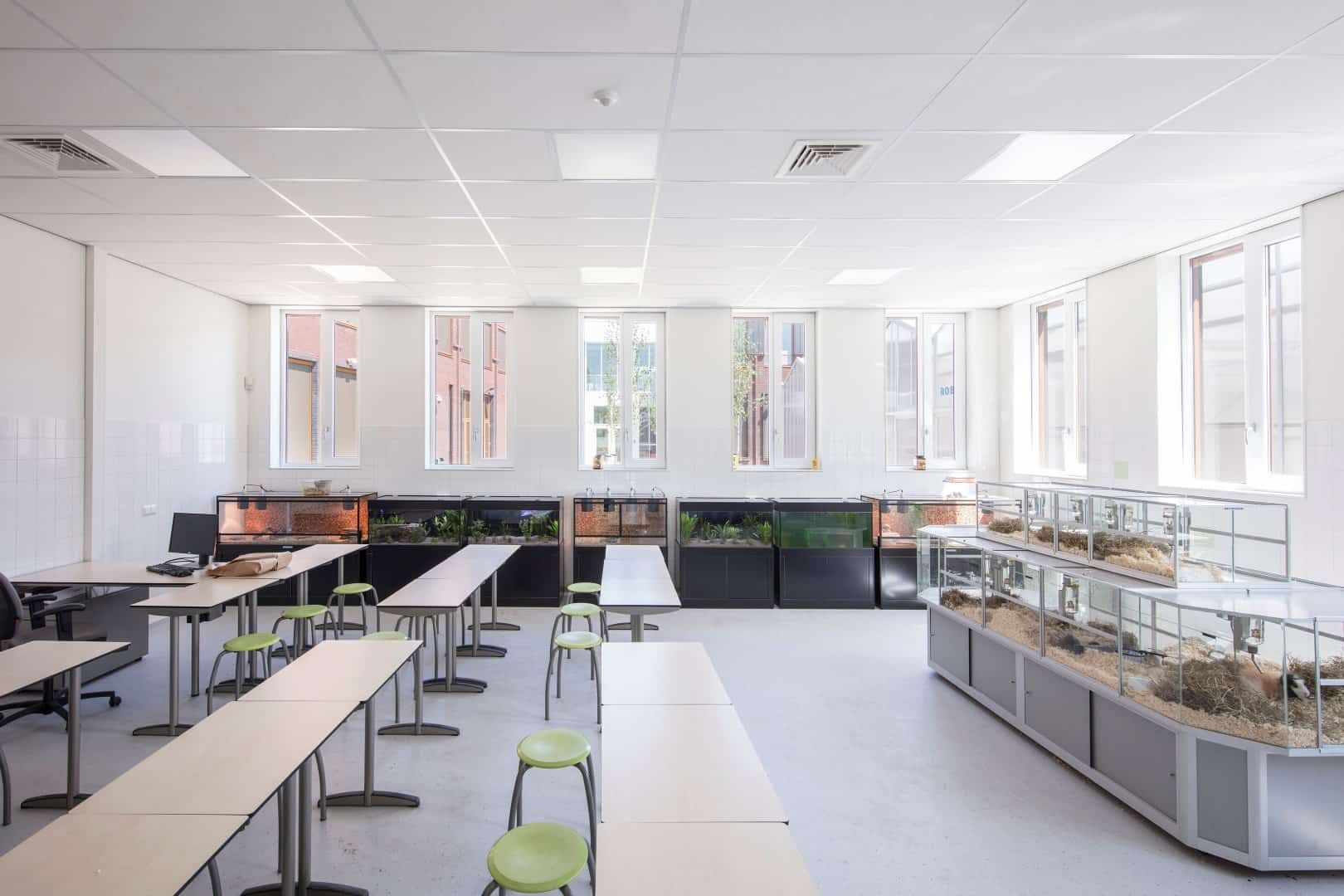 Klaslokaal met kleine kassen met dieren erin van het Wellantcollege Utrecht