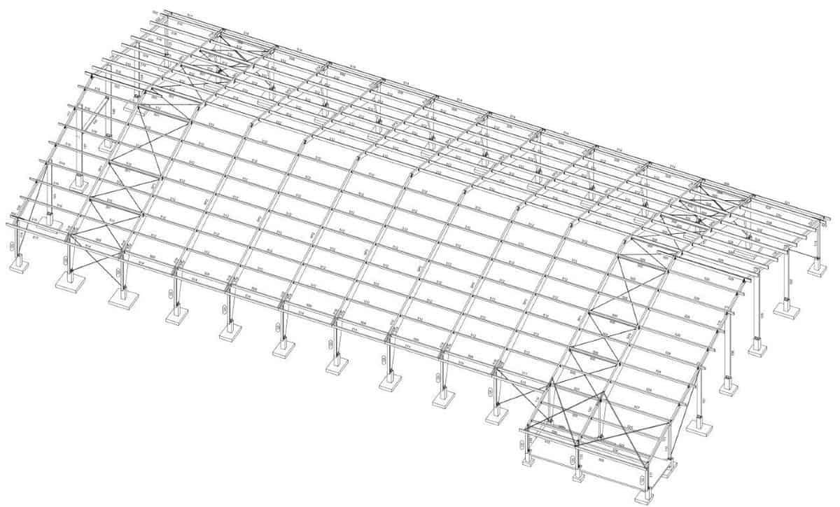 Tekening van een houten constructie van een rijhal in de WIjk