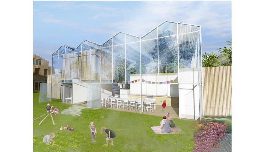 Tekening van een glazen kas met de onderkant open met daarin een grote, witte tafel met stoelen, veel bomen en zittende mensen op het grasveld ervoor