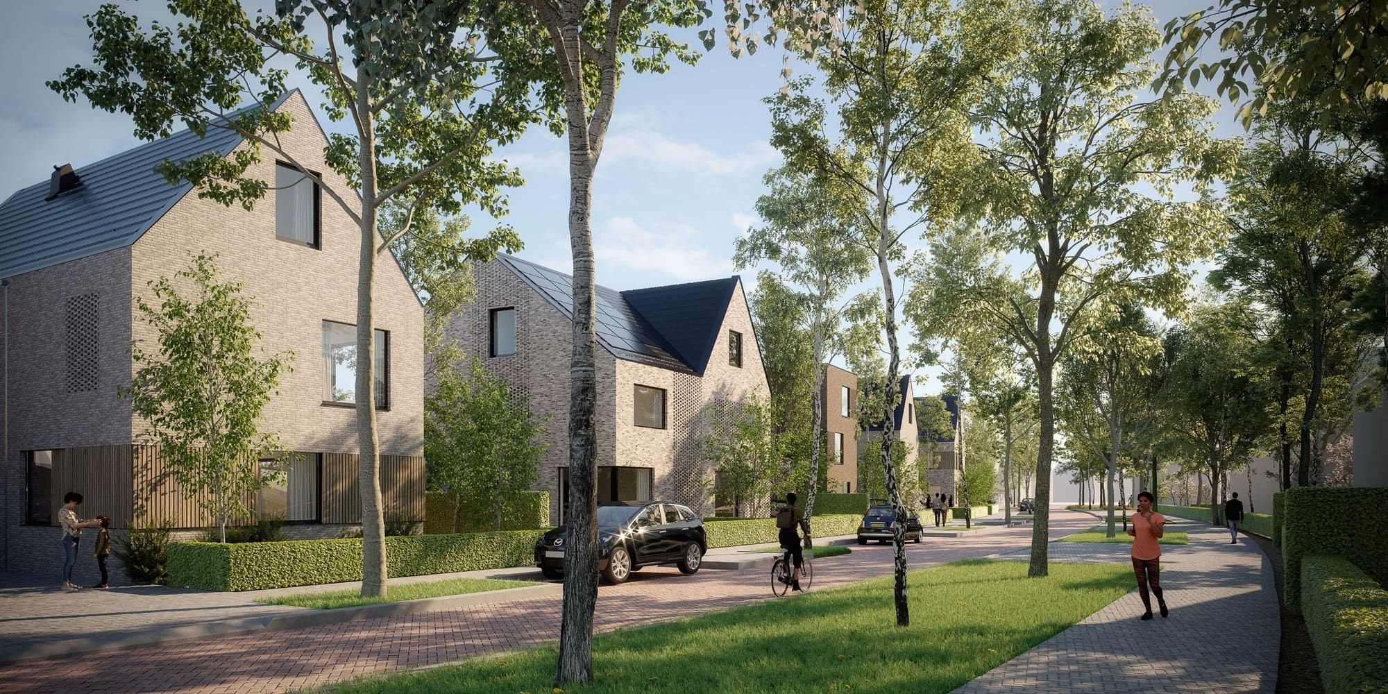 Heidestad Ede, laan met huizen en bomen met fietsers en auto's
