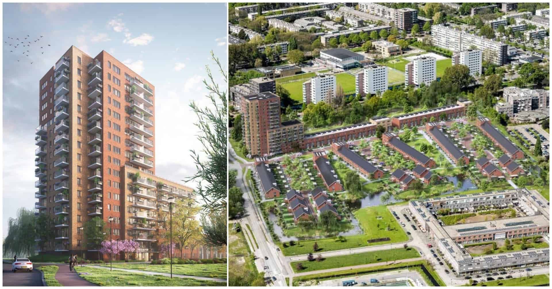 Links een impressie van een flatgebouw en rechts een nieuwbouwwijk van boven