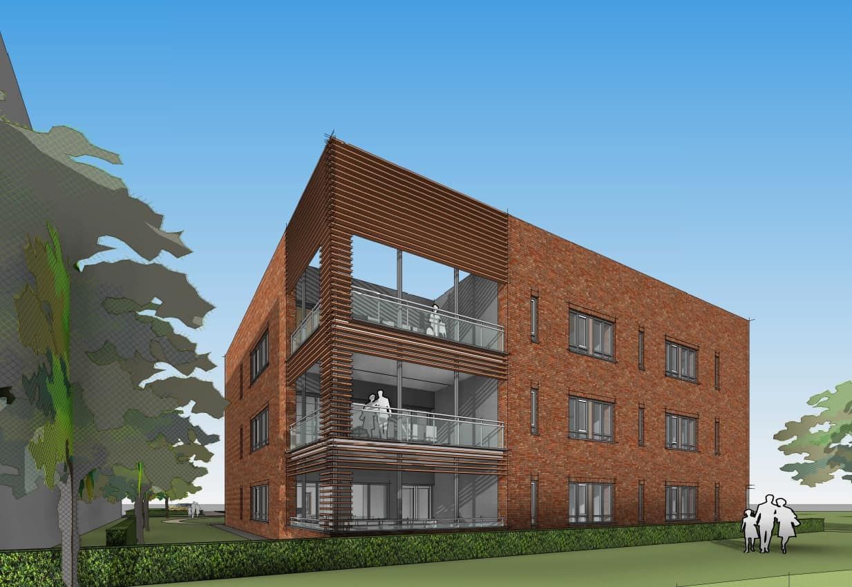 Een illustratie van een appartementencomplex met rode bakstenen, grote balkons en gras en bomen