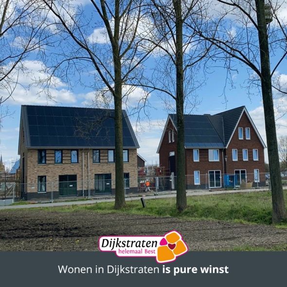 Twee-onder-een-kap woningen met gele en rode bakstenen aan een grasveld met bomen