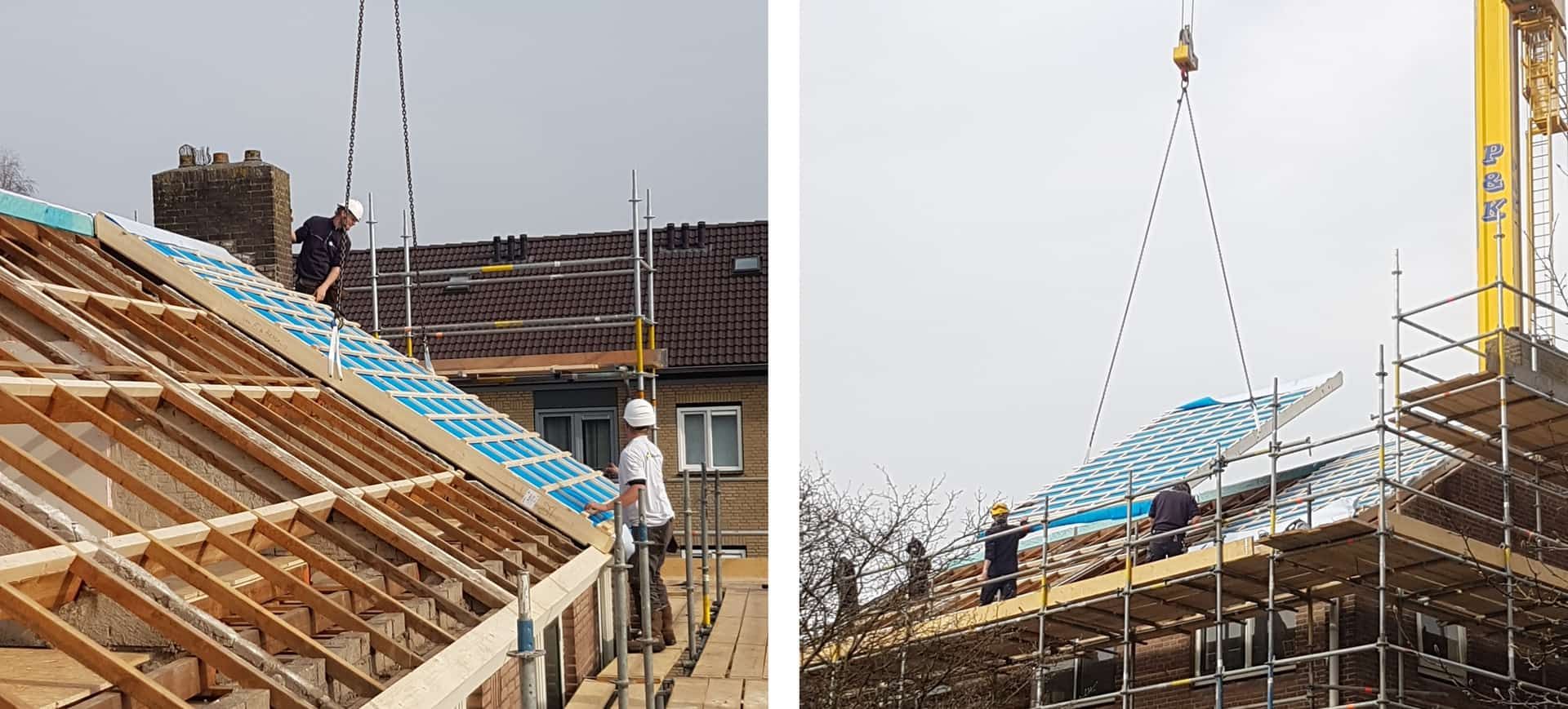 Houten constructie van dak in aanbouw