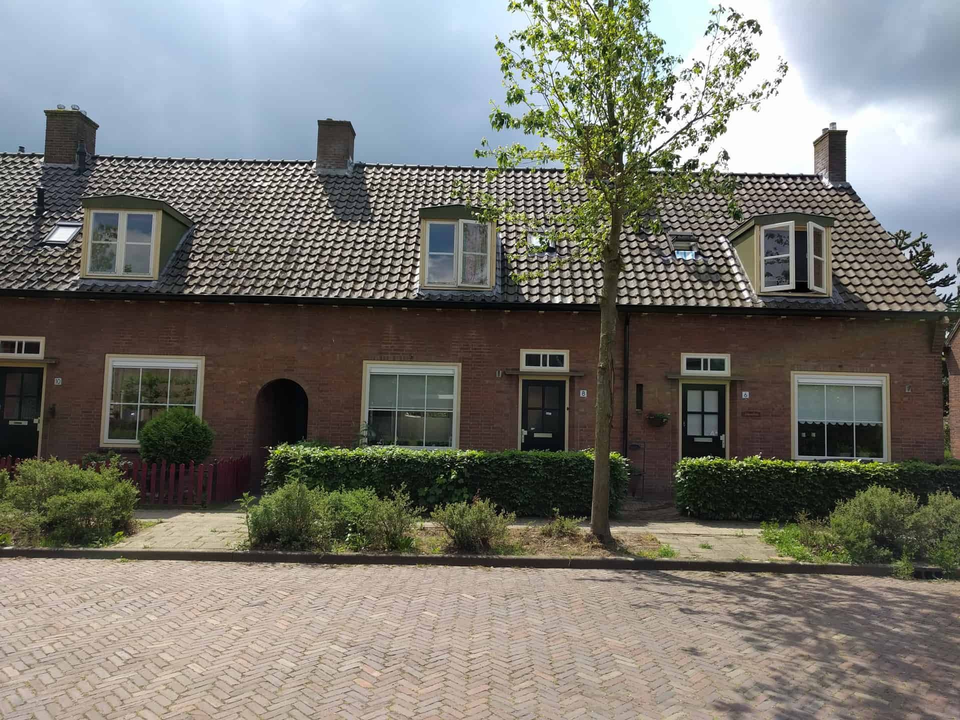 Rijtjeshuizen voor renovatie met bosjes ervoor aan een straat