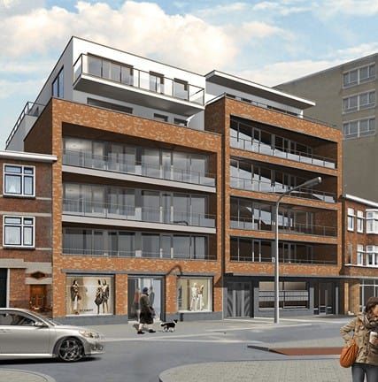 Appartementencomplex vanaf de straatkant met een winkel eronder