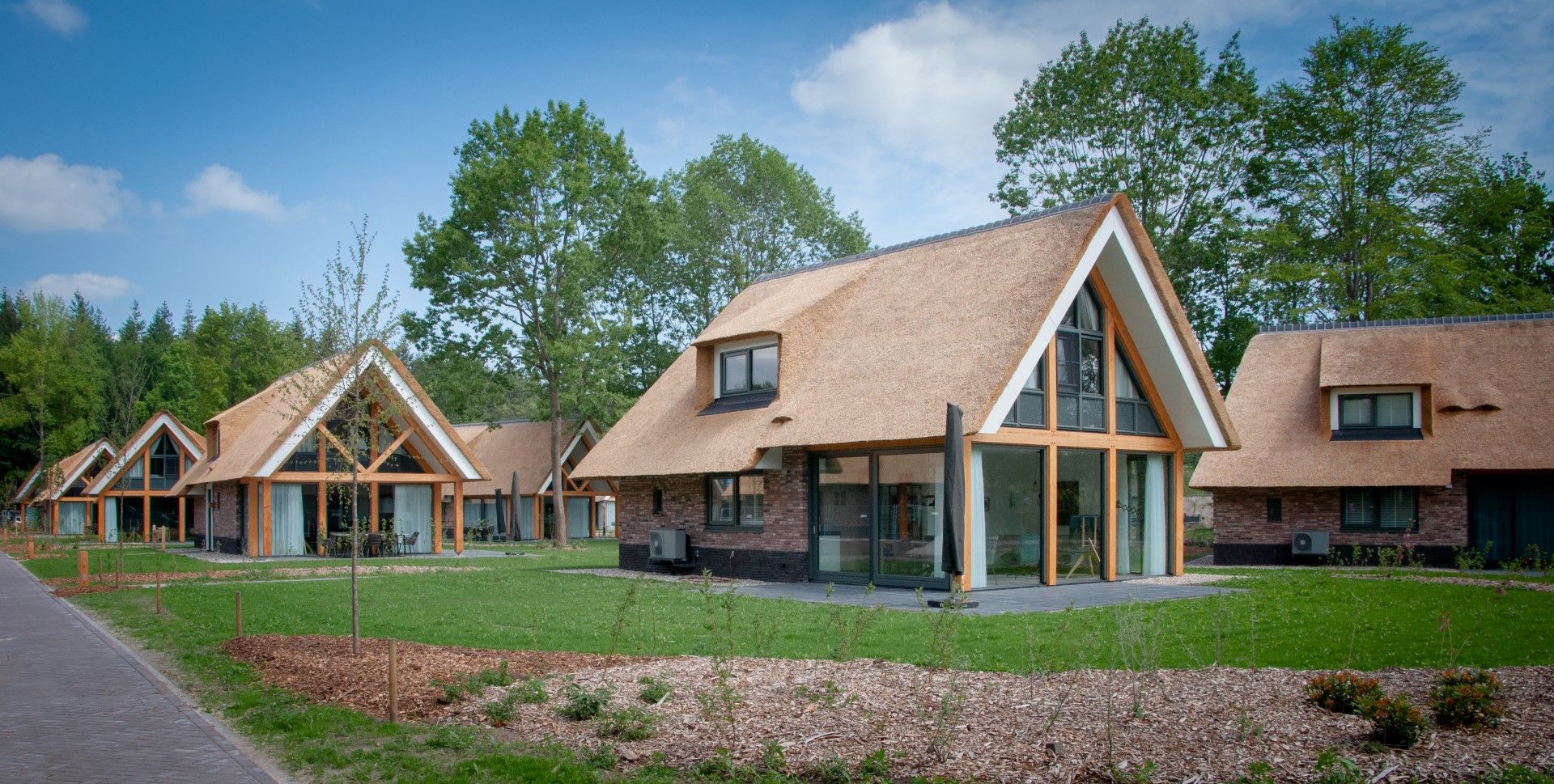Vakantiewoningen met rieten daken op grasveld