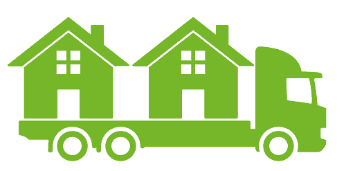 Groene vrachtwagen met huizen er op