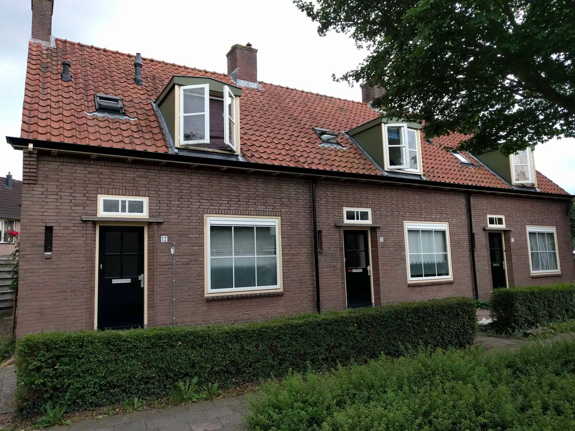 Rijtjeshuizen met dakkapellen met bosje ervoor