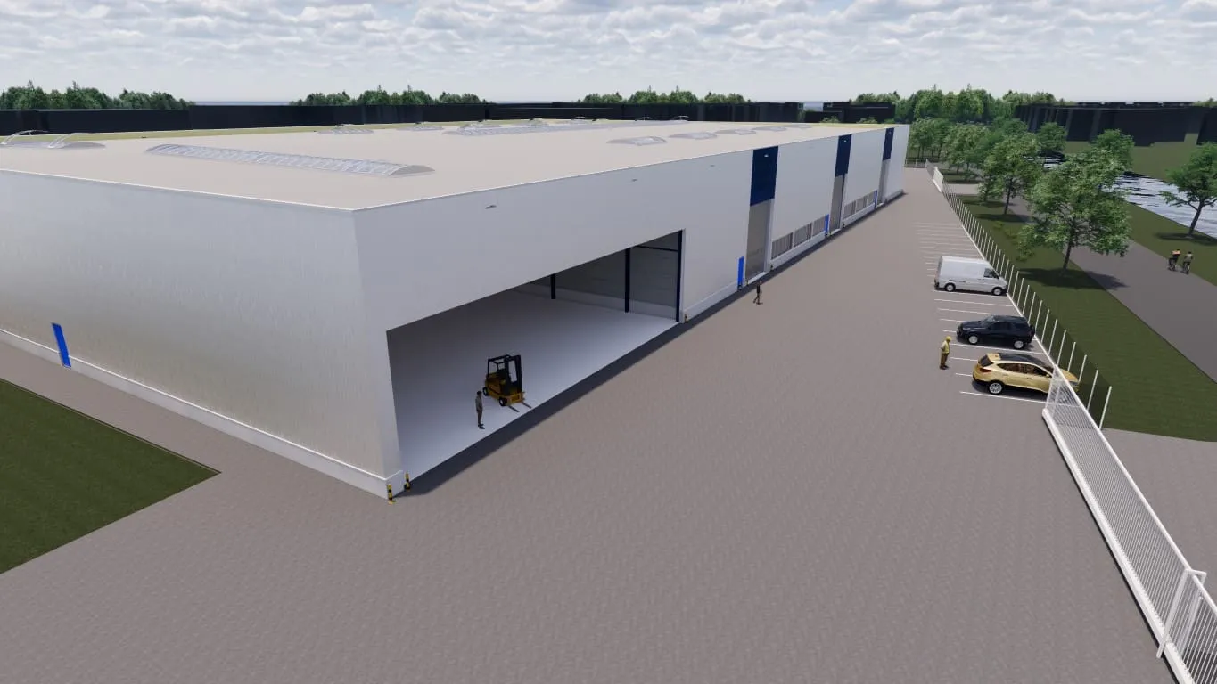 Wit gebouw met heftruck en auto's