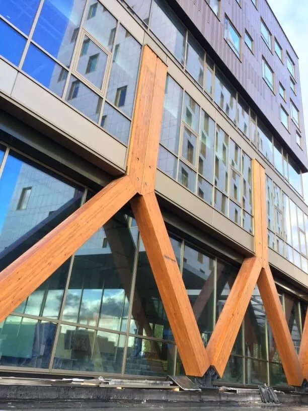 Houten constructie bij glazen gebouw