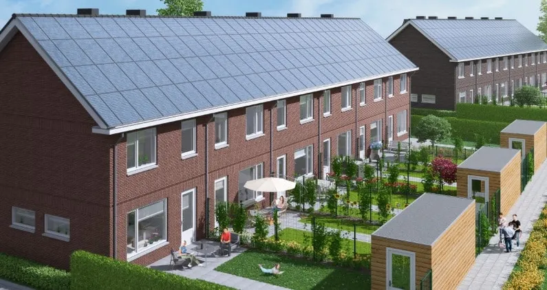 Impressie van wijk reerhorst met bruine rijtjeshuizen met kleine tuin