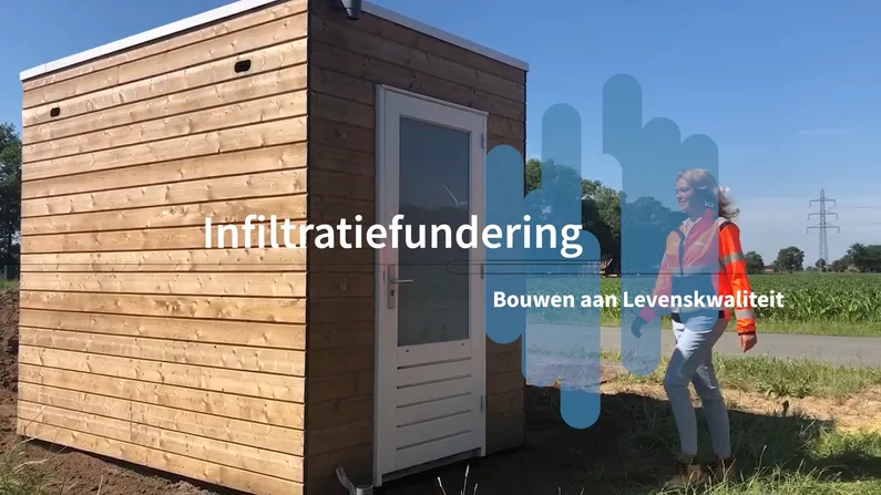 Houten tuinhuisje met een persoon en infiltratiefundering als tekst