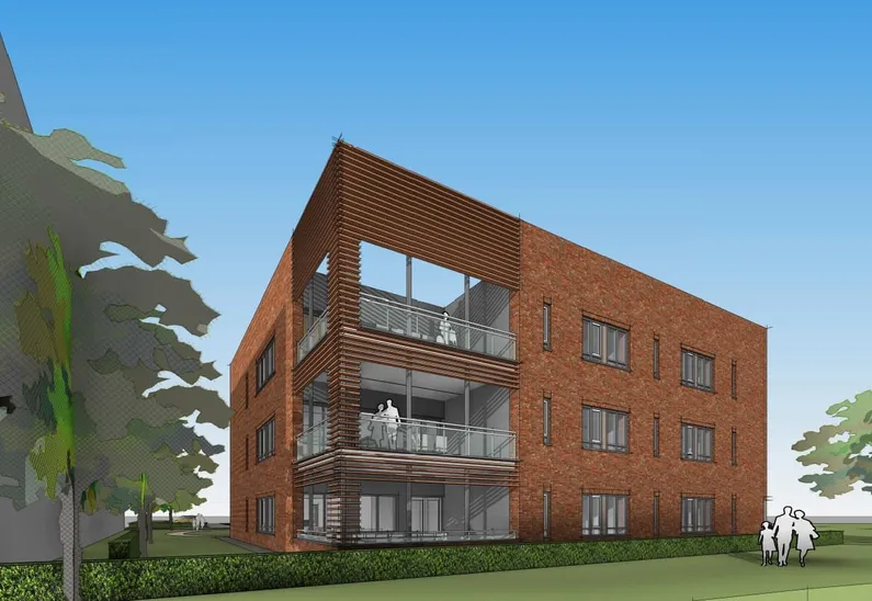 Een illustratie van een appartementencomplex met rode bakstenen, grote balkons en gras en bomen