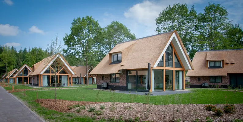 Vakantiewoningen met rieten daken op grasveld